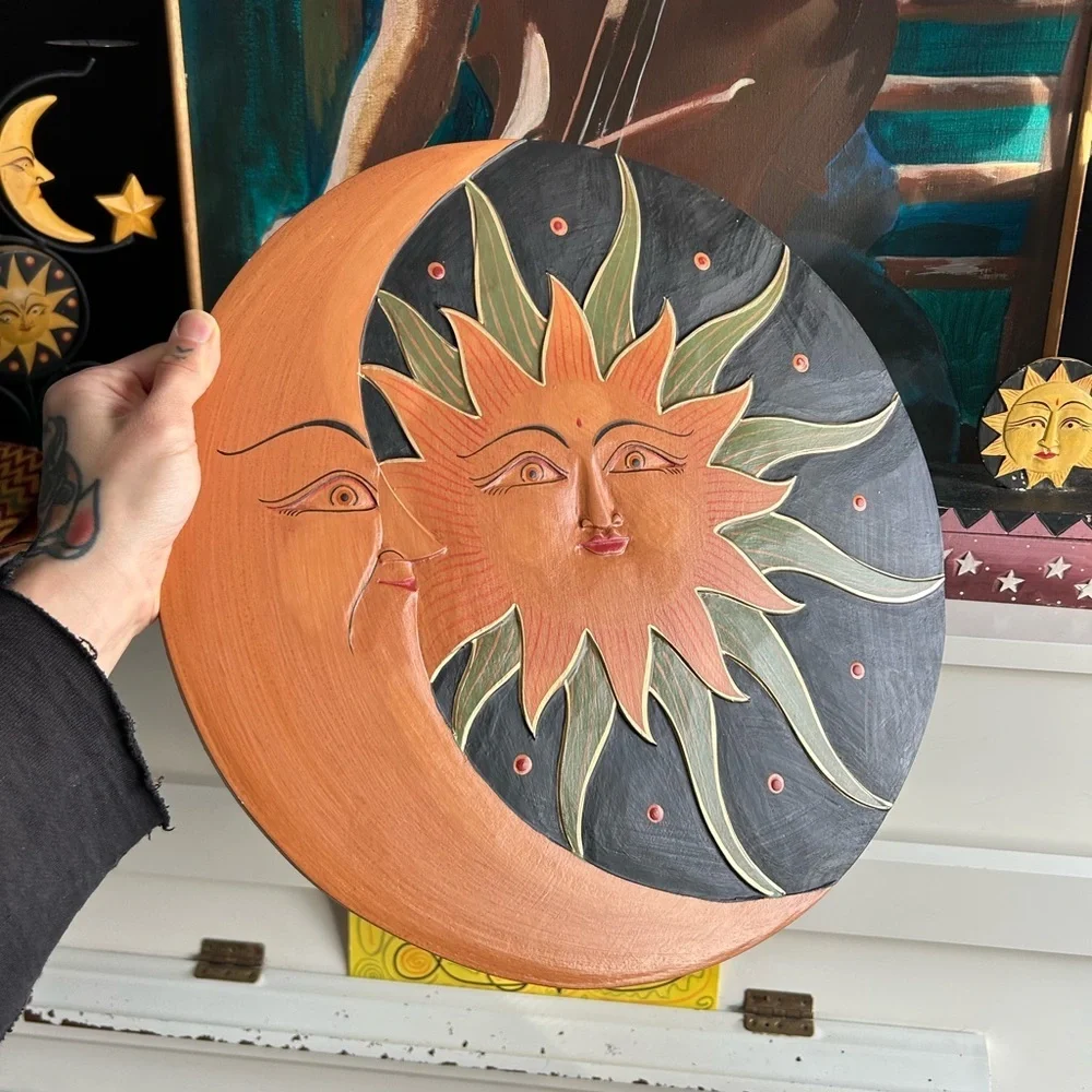 Vintage 15.75" Celestial Sun and Moon Wall Art - Black and Orange Whimsygoth - Picture 11 of 16